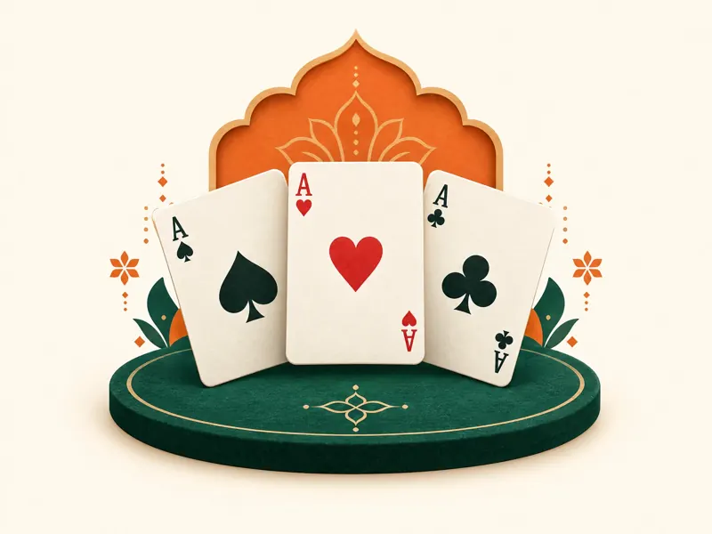 Original conceptual illustration of three ace cards in an Indian-inspired green and saffron setting